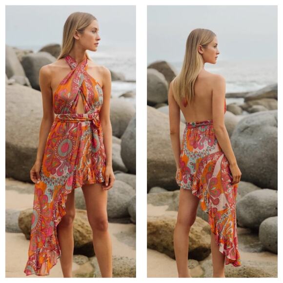 Sundress Amina Dress Size Large Fuchsia orange Print Halter Neck Asymmetric Hem - Picture 2 of 14